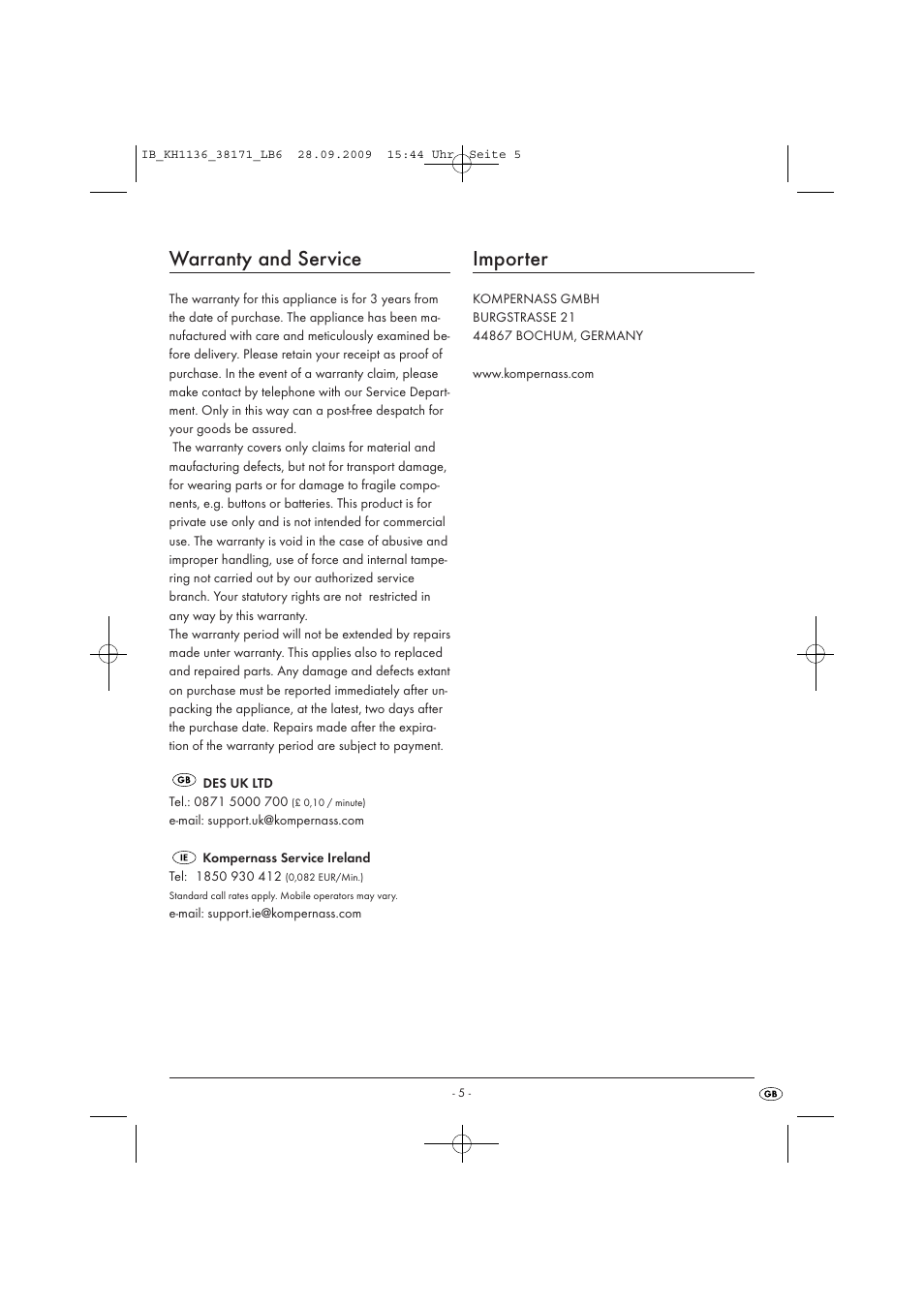 Warranty and service, Importer | Kompernass KH 1136 User Manual | Page 7 / 7