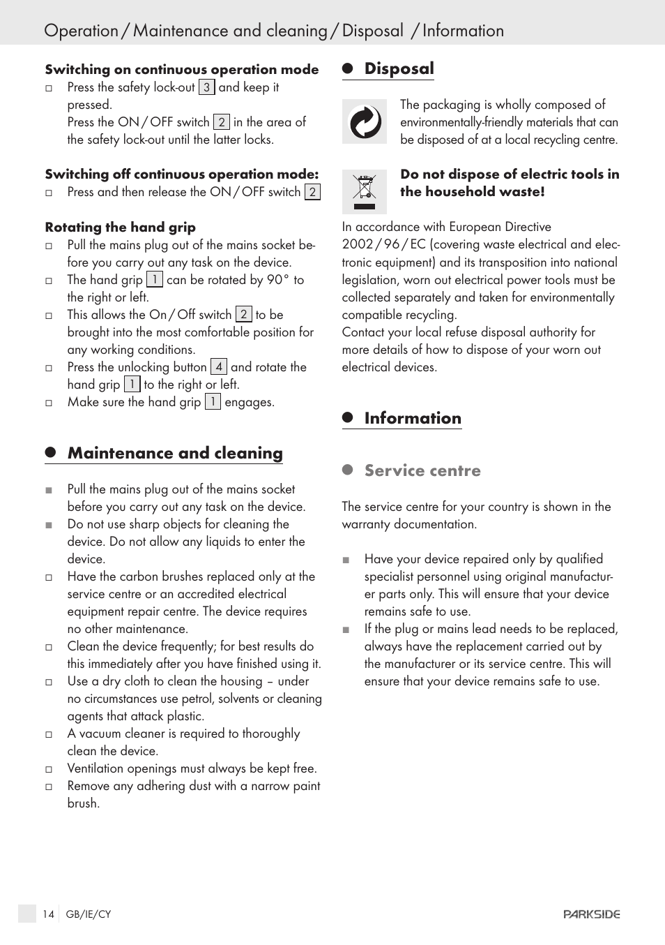 Maintenance and cleaning, Disposal, Information | Service centre | Kompernass PWS 230 User Manual | Page 12 / 14