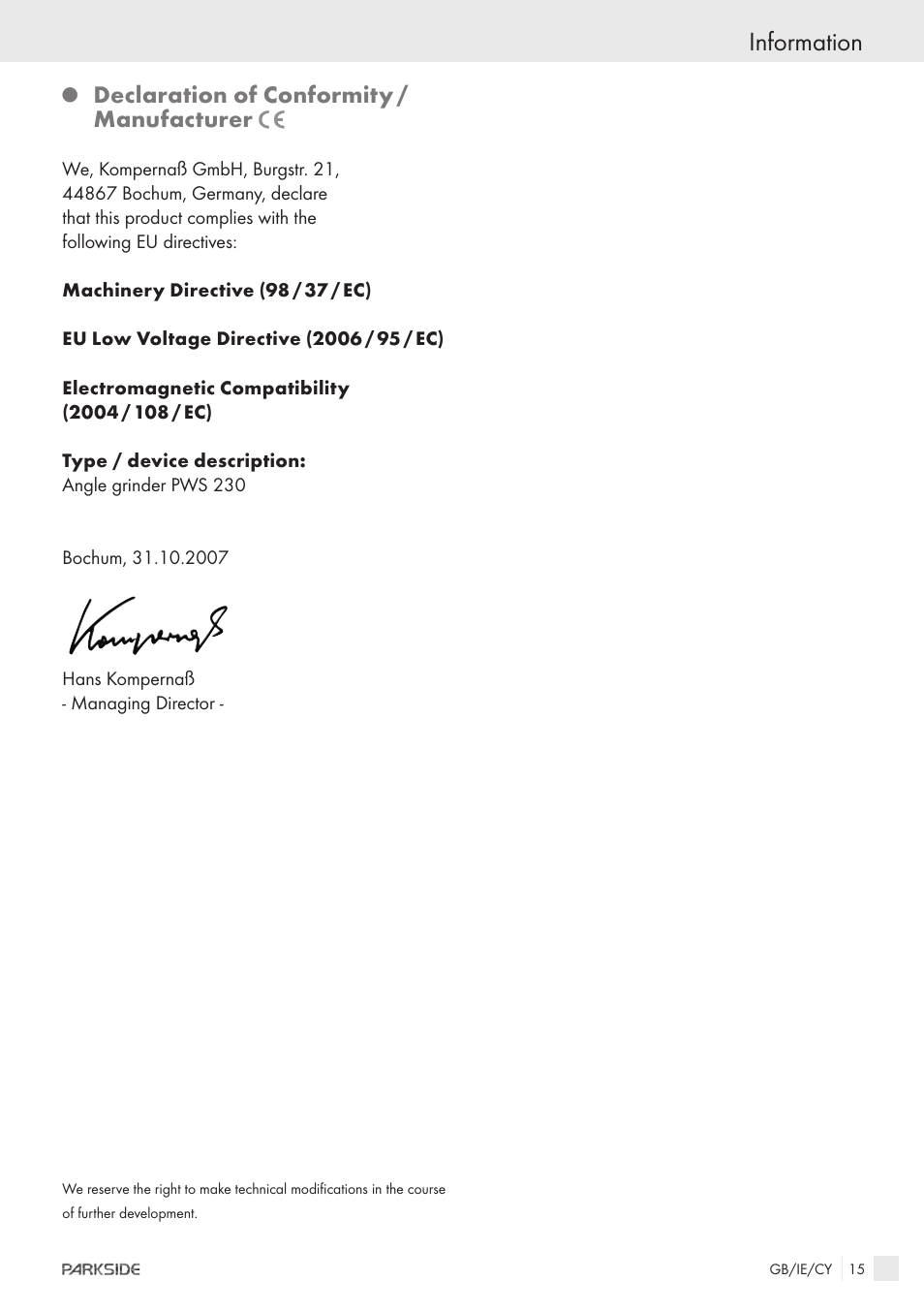 Information, Declaration of conformity / manufacturer | Kompernass PWS 230 User Manual | Page 13 / 14