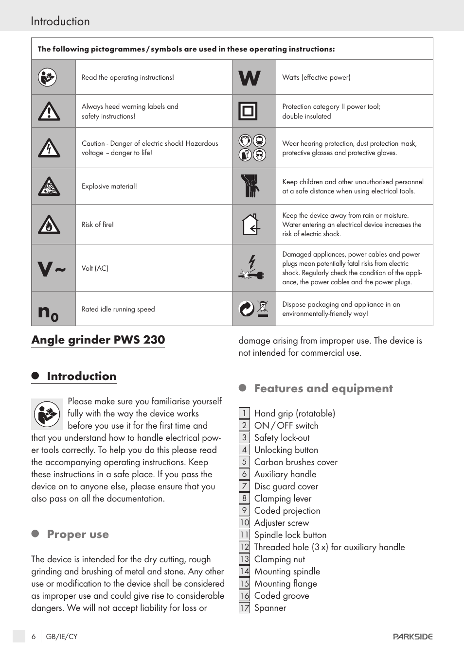 Introduction, Angle grinder pws 230, Proper use | Features and equipment | Kompernass PWS 230 User Manual | Page 4 / 14