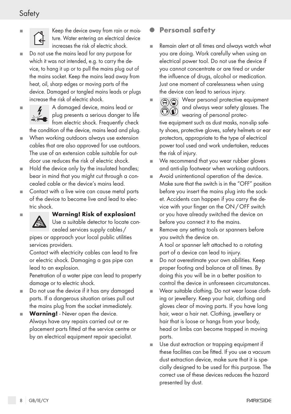 Safety, Personal safety | Kompernass PWS 230 User Manual | Page 6 / 14