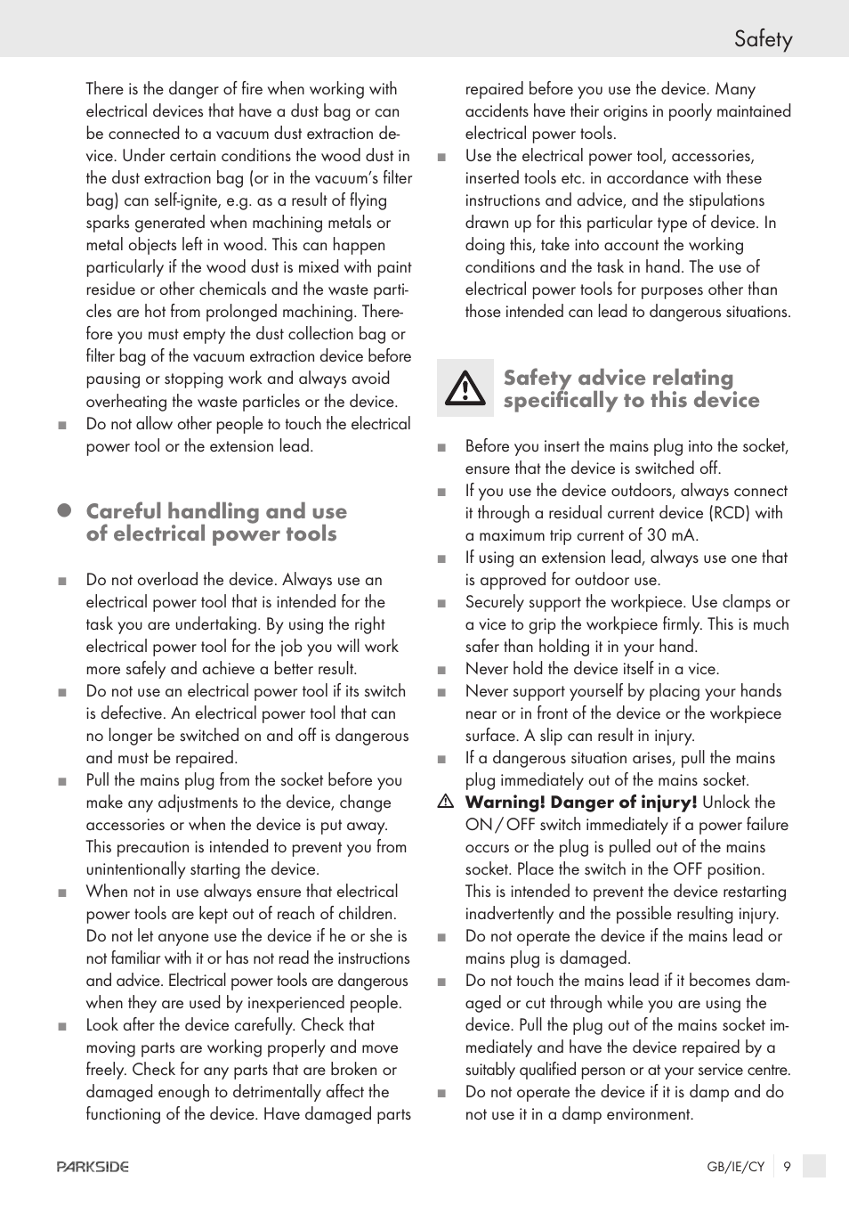 Safety, Careful handling and use of electrical power tools, Safety advice relating specifically to this device | Kompernass PWS 230 User Manual | Page 7 / 14