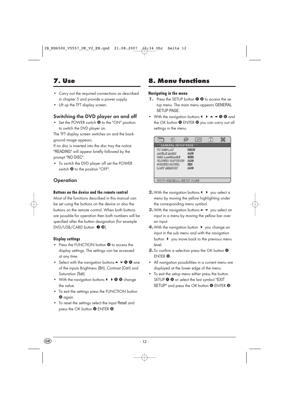 Menu functions, Switching the dvd player on and off, Operation | Kompernass KH 6500 User Manual | Page 14 / 39