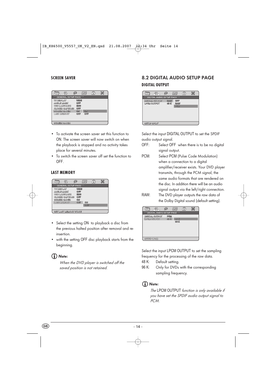 2 digital audio setup page, Screen saver, Digital output | Kompernass KH 6500 User Manual | Page 16 / 39
