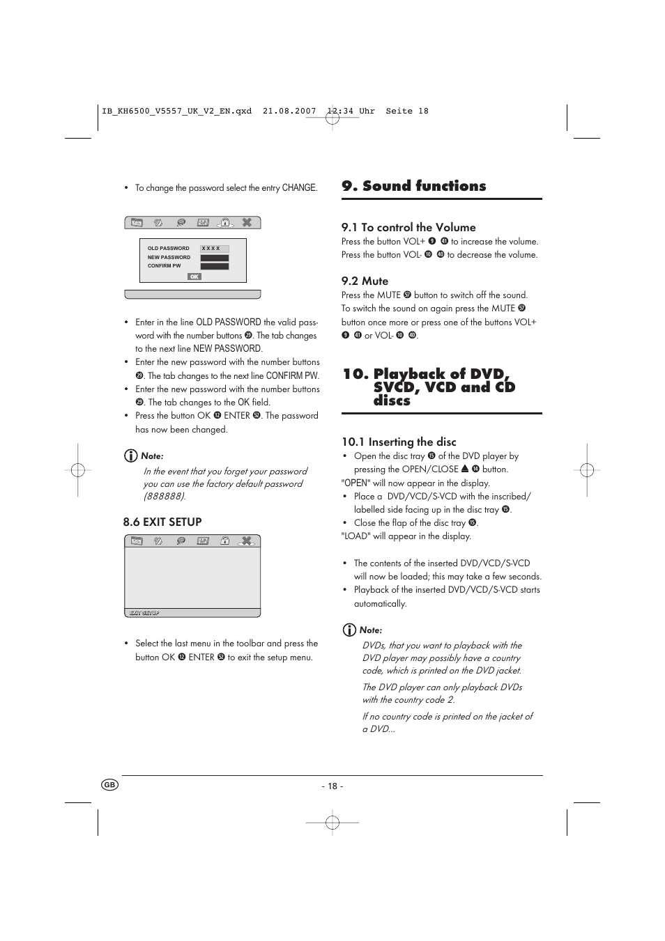 Sound functions, Playback of dvd, svcd, vcd and cd discs | Kompernass KH 6500 User Manual | Page 20 / 39
