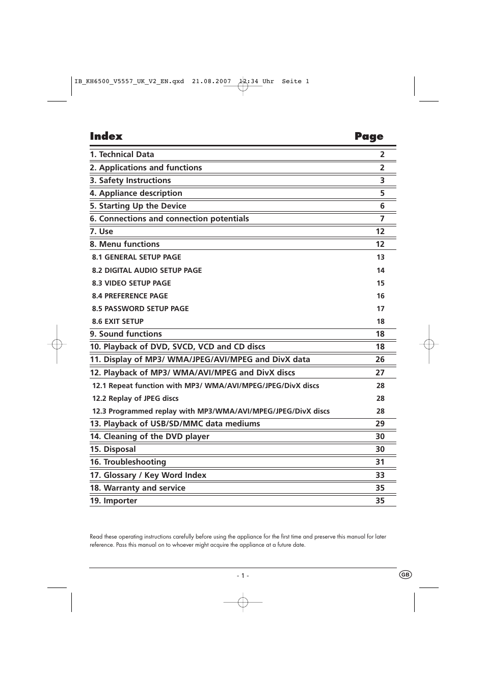 Index page | Kompernass KH 6500 User Manual | Page 3 / 39