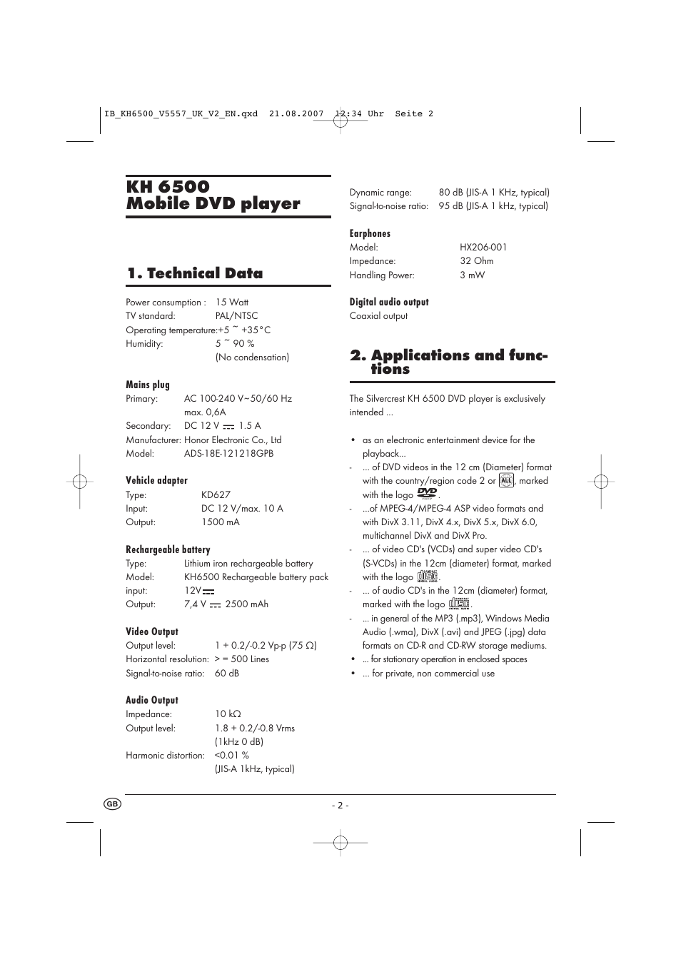 Kh 6500 mobile dvd player, Technical data, Applications and func- tions | Kompernass KH 6500 User Manual | Page 4 / 39