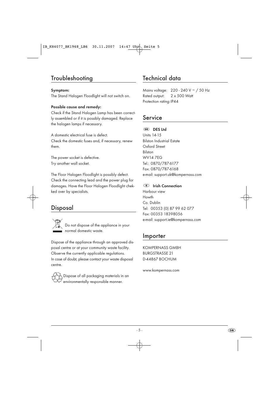 Troubleshooting, Disposal, Technical data | Service, Importer | Kompernass KH4077-11/07-V1 User Manual | Page 11 / 11