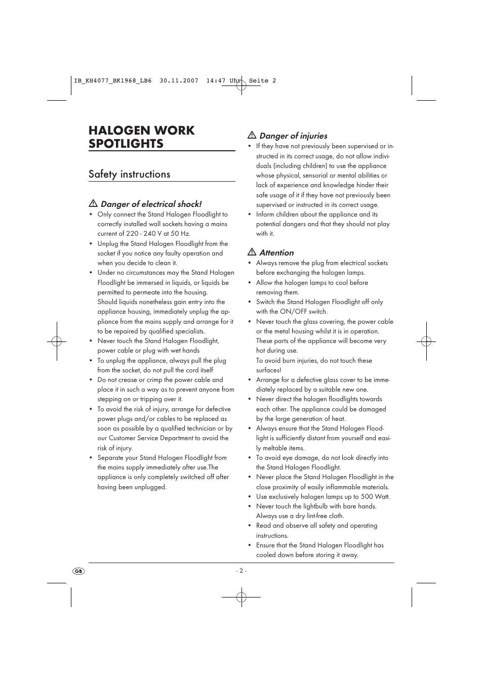 Halogen work spotlights, Safety instructions | Kompernass KH4077-11/07-V1 User Manual | Page 8 / 11