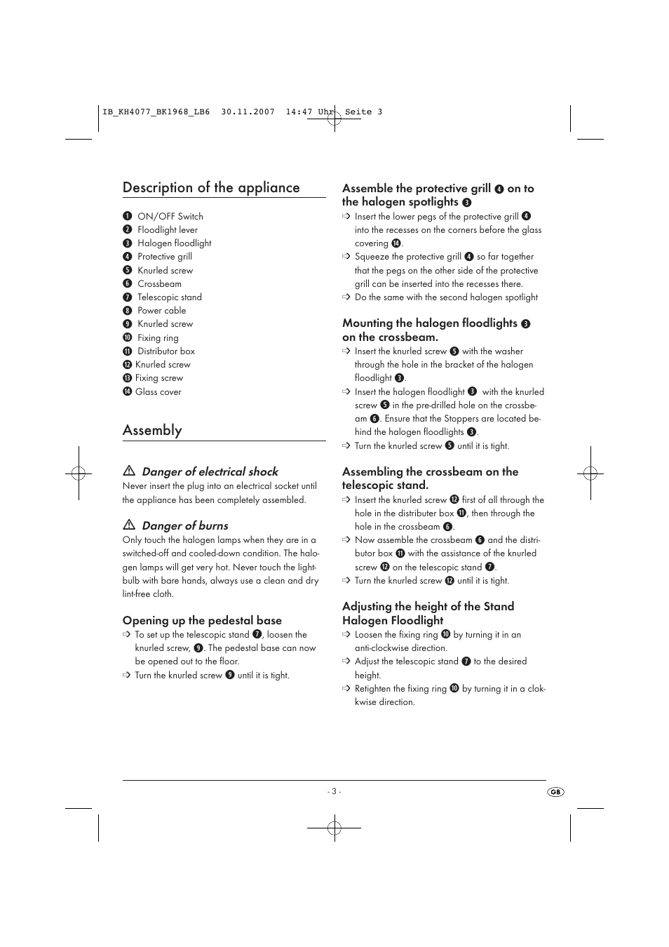 Description of the appliance, Assembly | Kompernass KH4077-11/07-V1 User Manual | Page 9 / 11