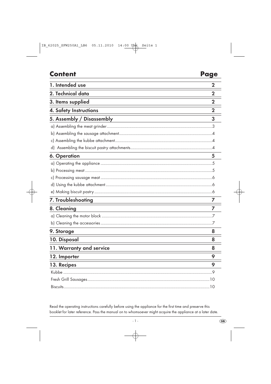 Content page | Kompernass SFW 250 A1 User Manual | Page 3 / 12