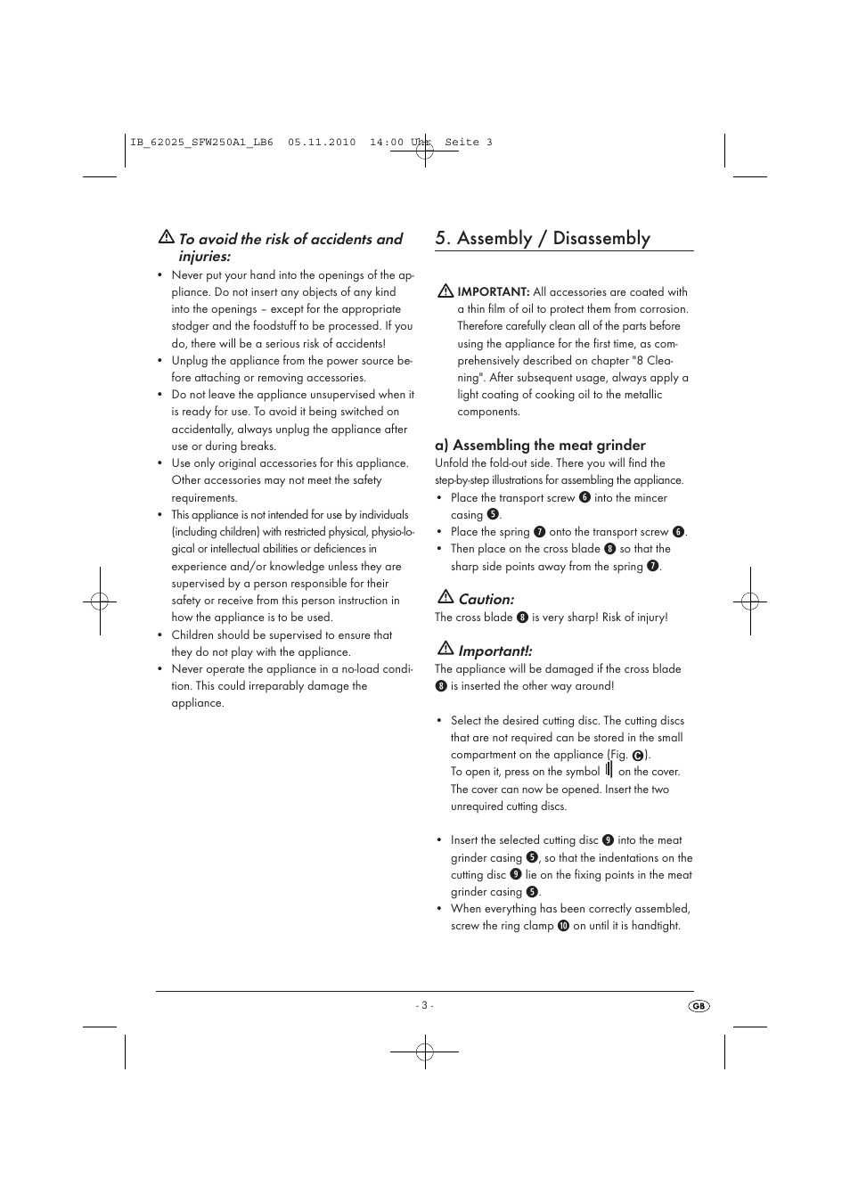 Assembly / disassembly | Kompernass SFW 250 A1 User Manual | Page 5 / 12