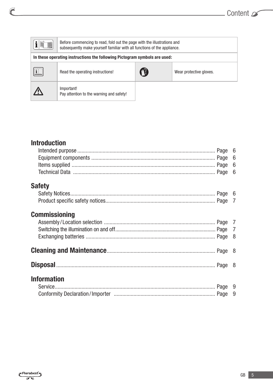 Content, Introduction, Safety | Commissioning, Cleaning and maintenance, Disposal, Information | Kompernass KH 4122 User Manual | Page 3 / 10