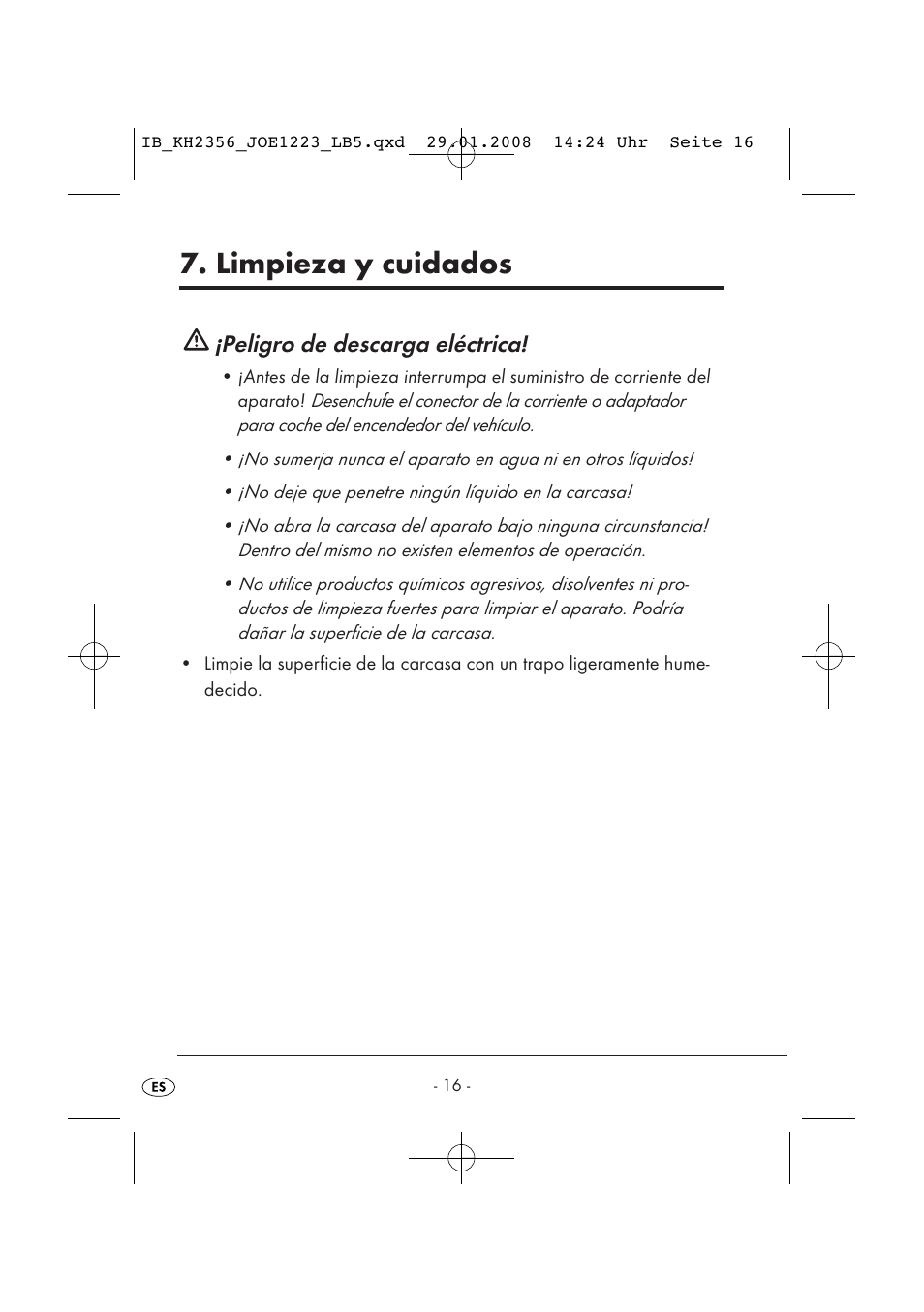 Limpieza y cuidados, Peligro de descarga eléctrica | Kompernass KH 2356 User Manual | Page 18 / 68