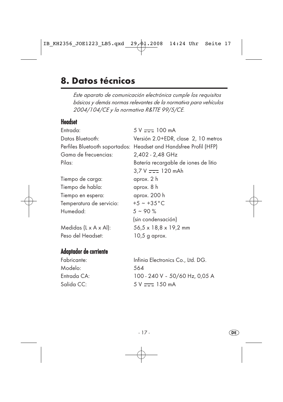 Datos técnicos, Hheeaaddsseett | Kompernass KH 2356 User Manual | Page 19 / 68