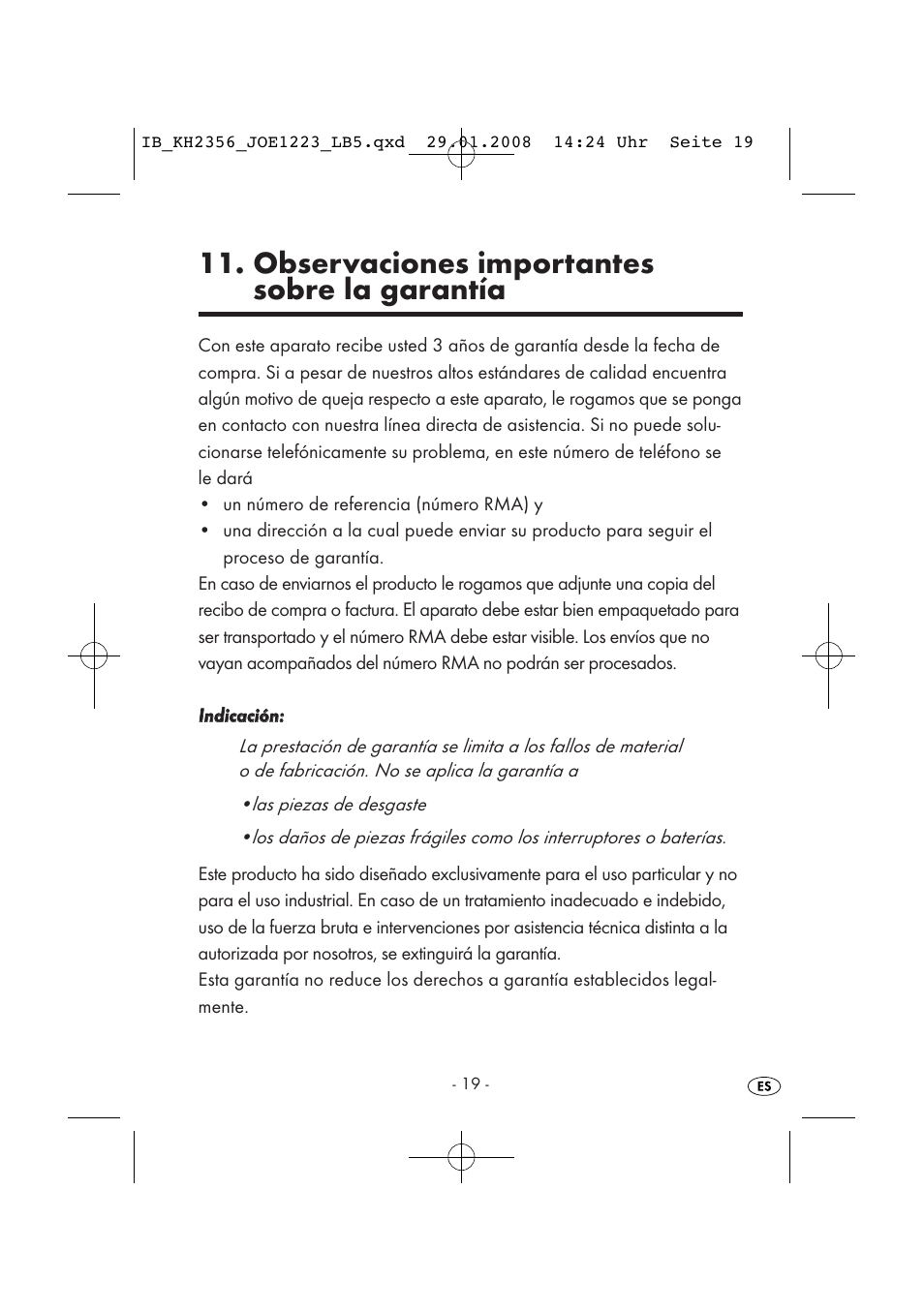 Observaciones importantes sobre la garantía | Kompernass KH 2356 User Manual | Page 21 / 68