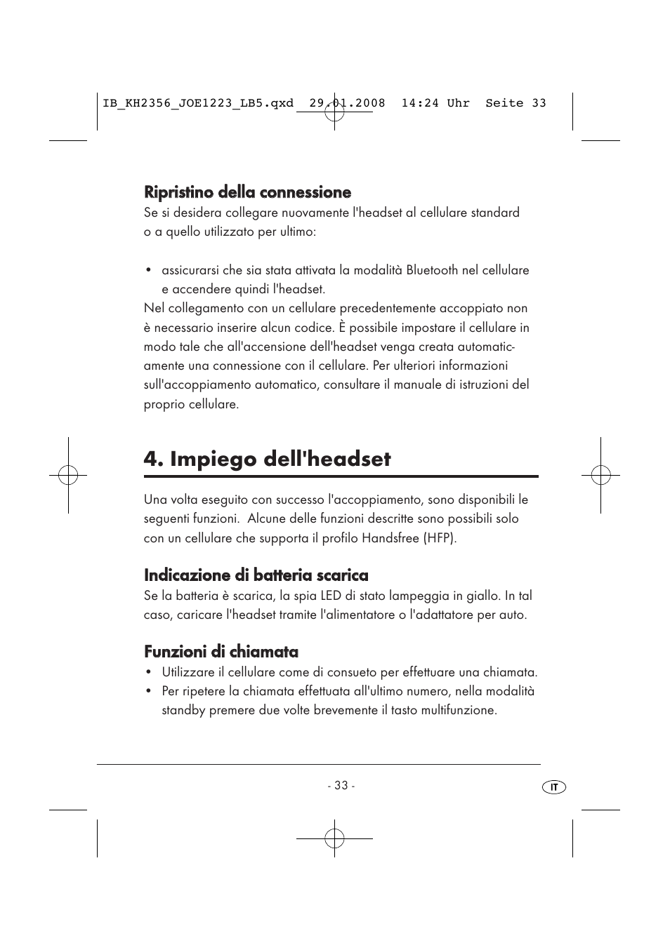 Impiego dell'headset | Kompernass KH 2356 User Manual | Page 35 / 68