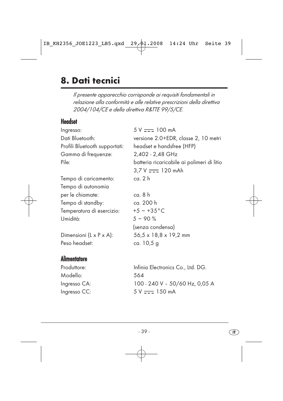 Dati tecnici, Hheeaaddsseett, Aalliim meennttaattoorree | Kompernass KH 2356 User Manual | Page 41 / 68