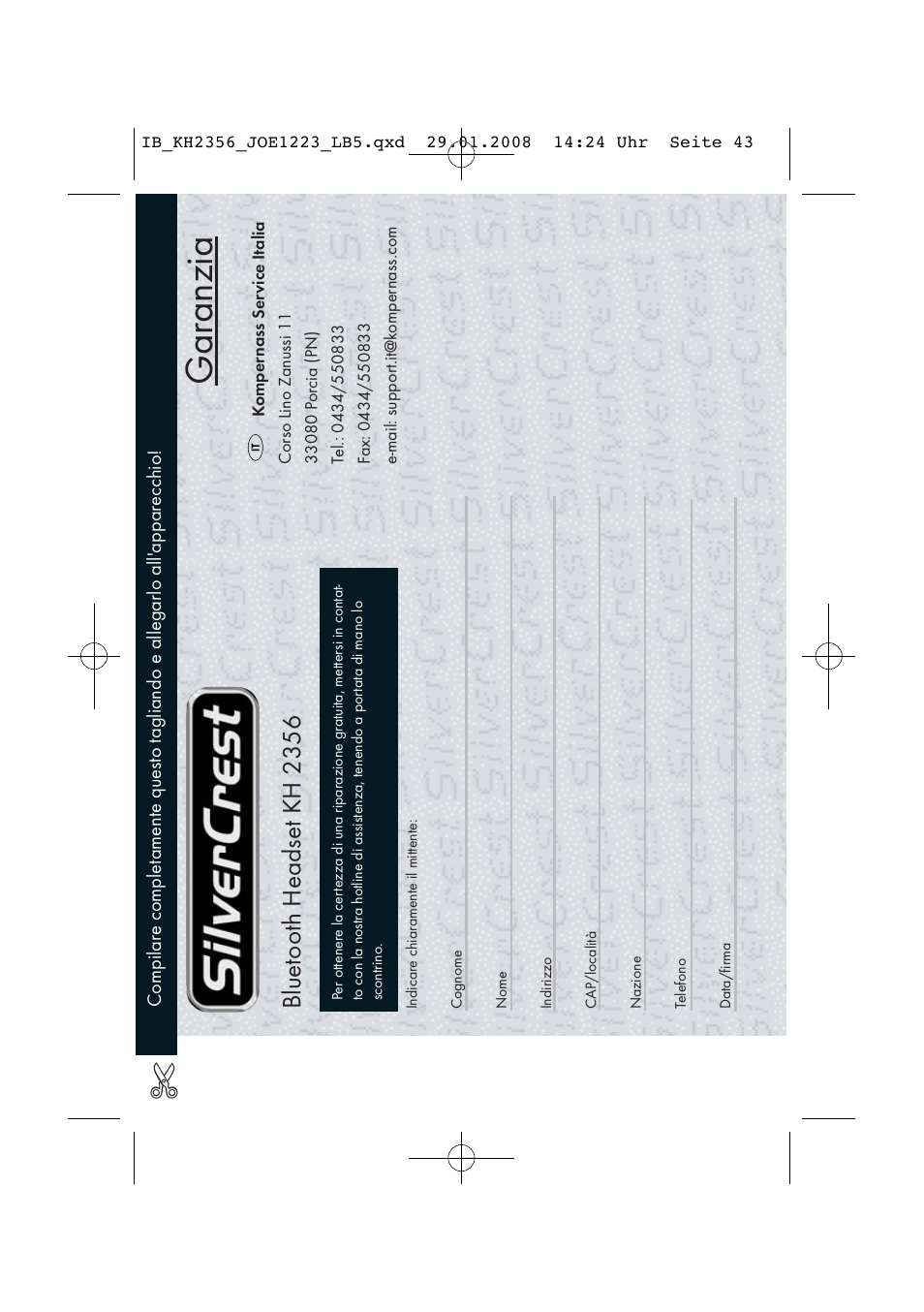 Gar anzia, Bluetoot h headset kh 2356 | Kompernass KH 2356 User Manual | Page 45 / 68