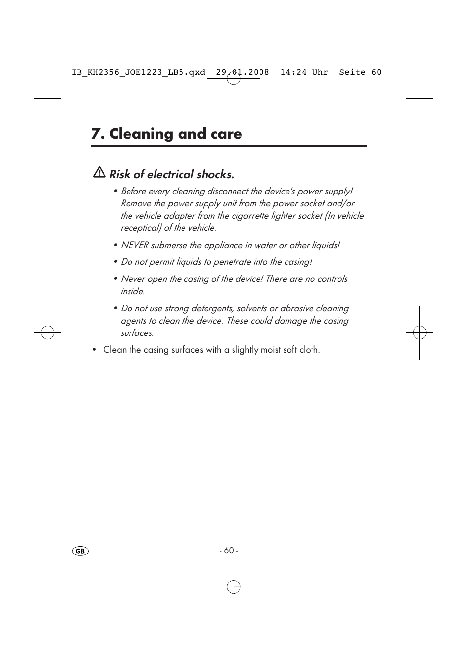 Cleaning and care, Risk of electrical shocks | Kompernass KH 2356 User Manual | Page 62 / 68