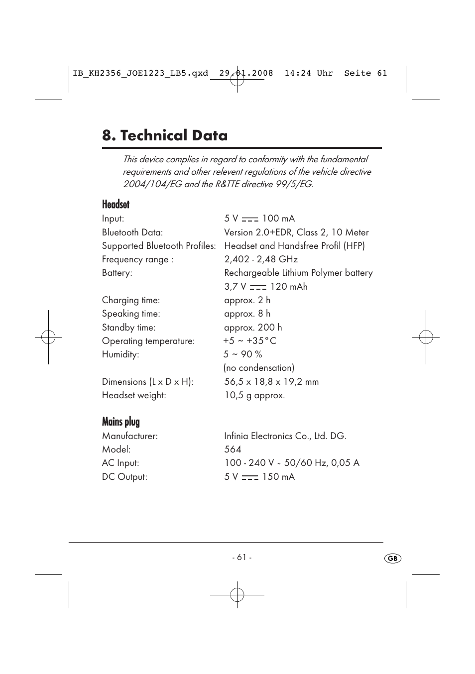 Technical data, Hheeaaddsseett, Mmaaiinnss pplluugg | Kompernass KH 2356 User Manual | Page 63 / 68