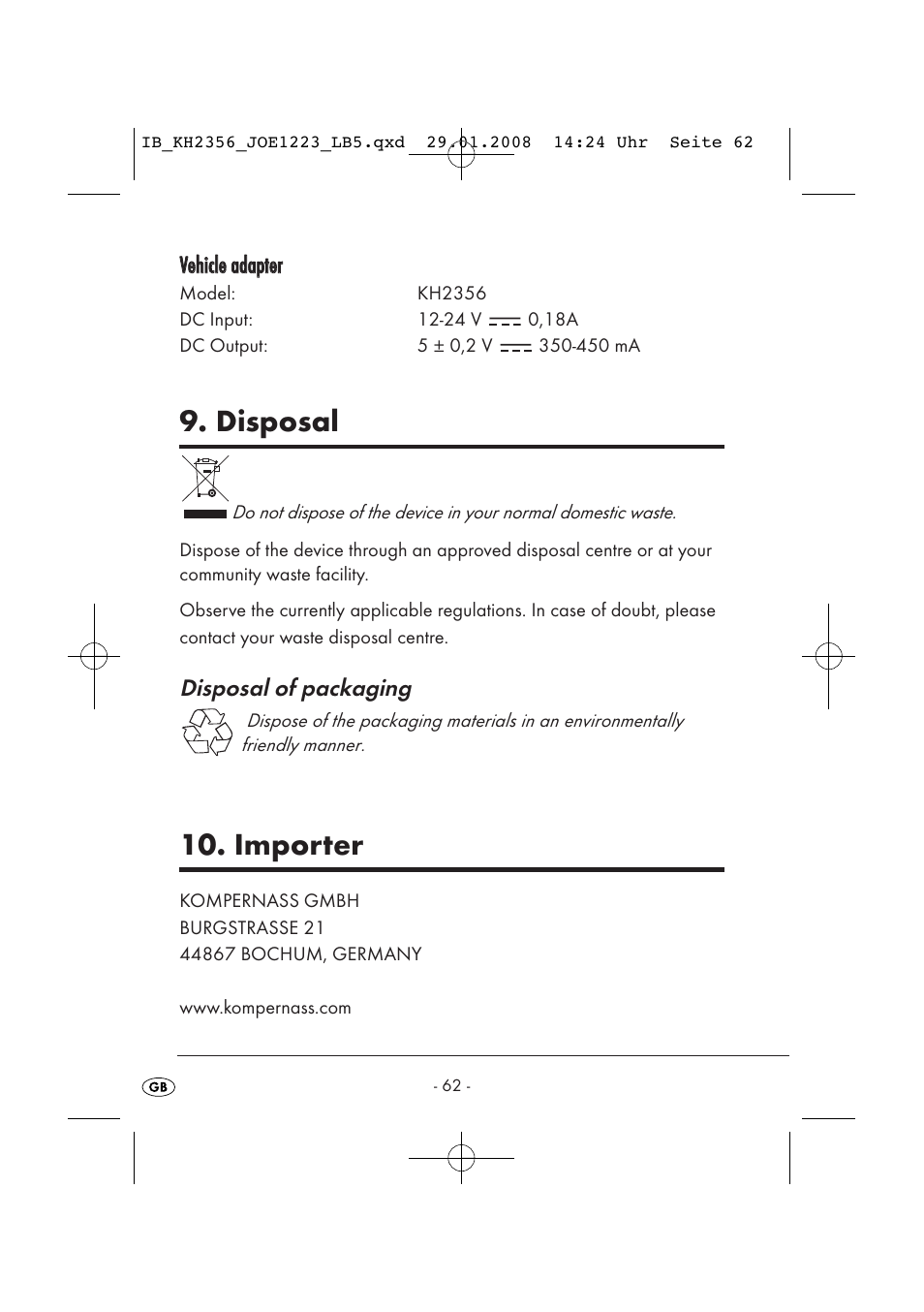 Disposal, Importer, Disposal of packaging | Kompernass KH 2356 User Manual | Page 64 / 68