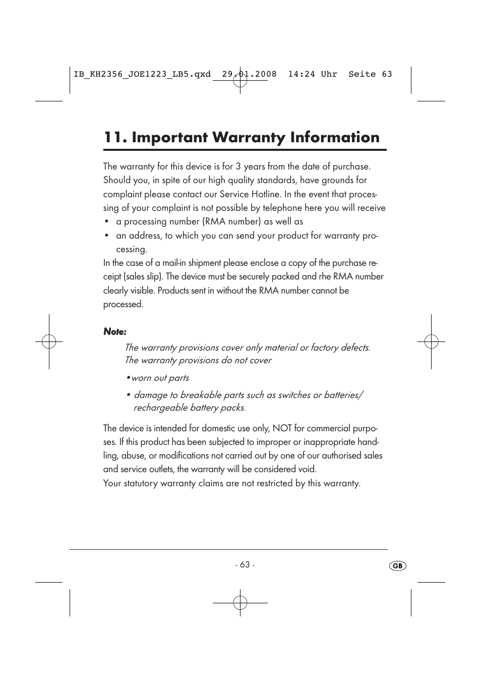 Important warranty information | Kompernass KH 2356 User Manual | Page 65 / 68