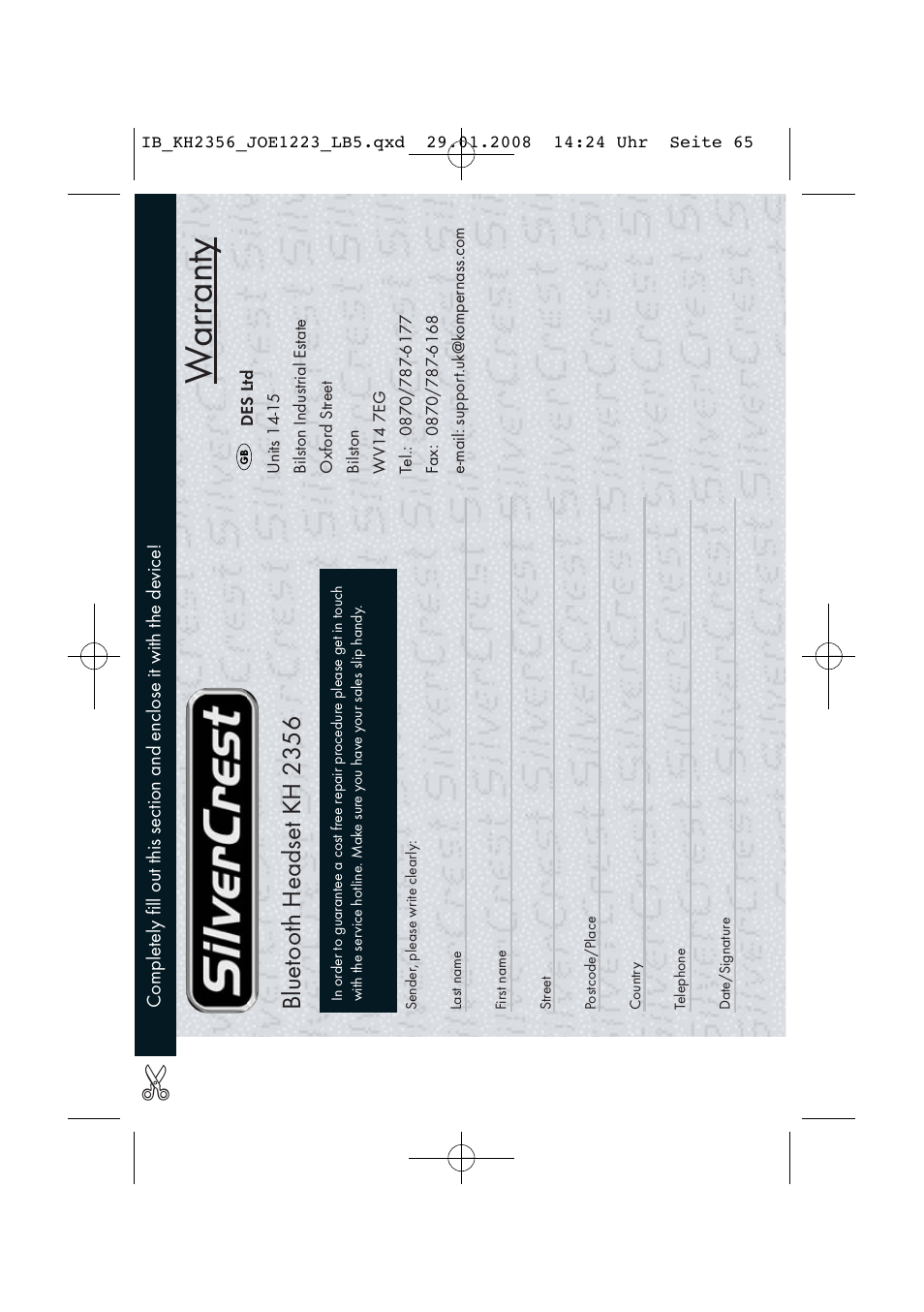War ranty, Bluetoot h headset kh 2356 | Kompernass KH 2356 User Manual | Page 67 / 68