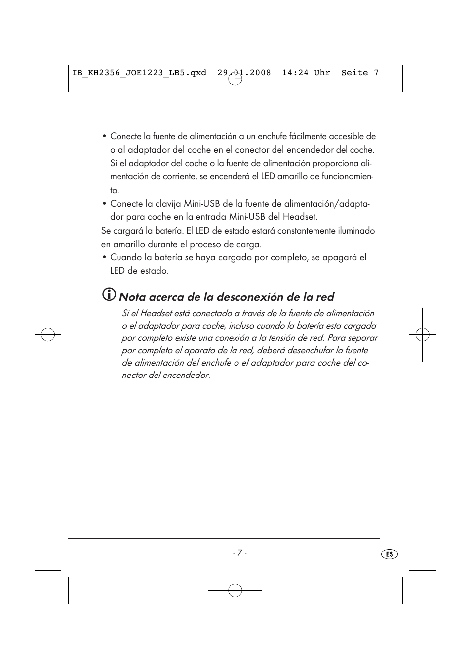 Nota acerca de la desconexión de la red | Kompernass KH 2356 User Manual | Page 9 / 68