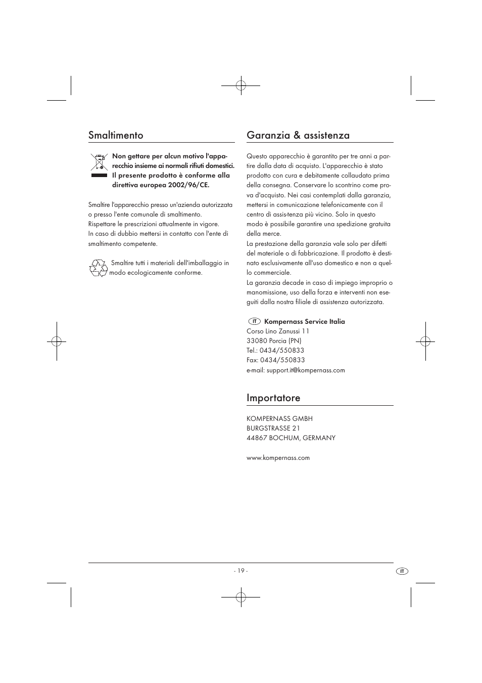 Smaltimento, Garanzia & assistenza, Importatore | Kompernass KH1099-04/08-V2 User Manual | Page 21 / 50