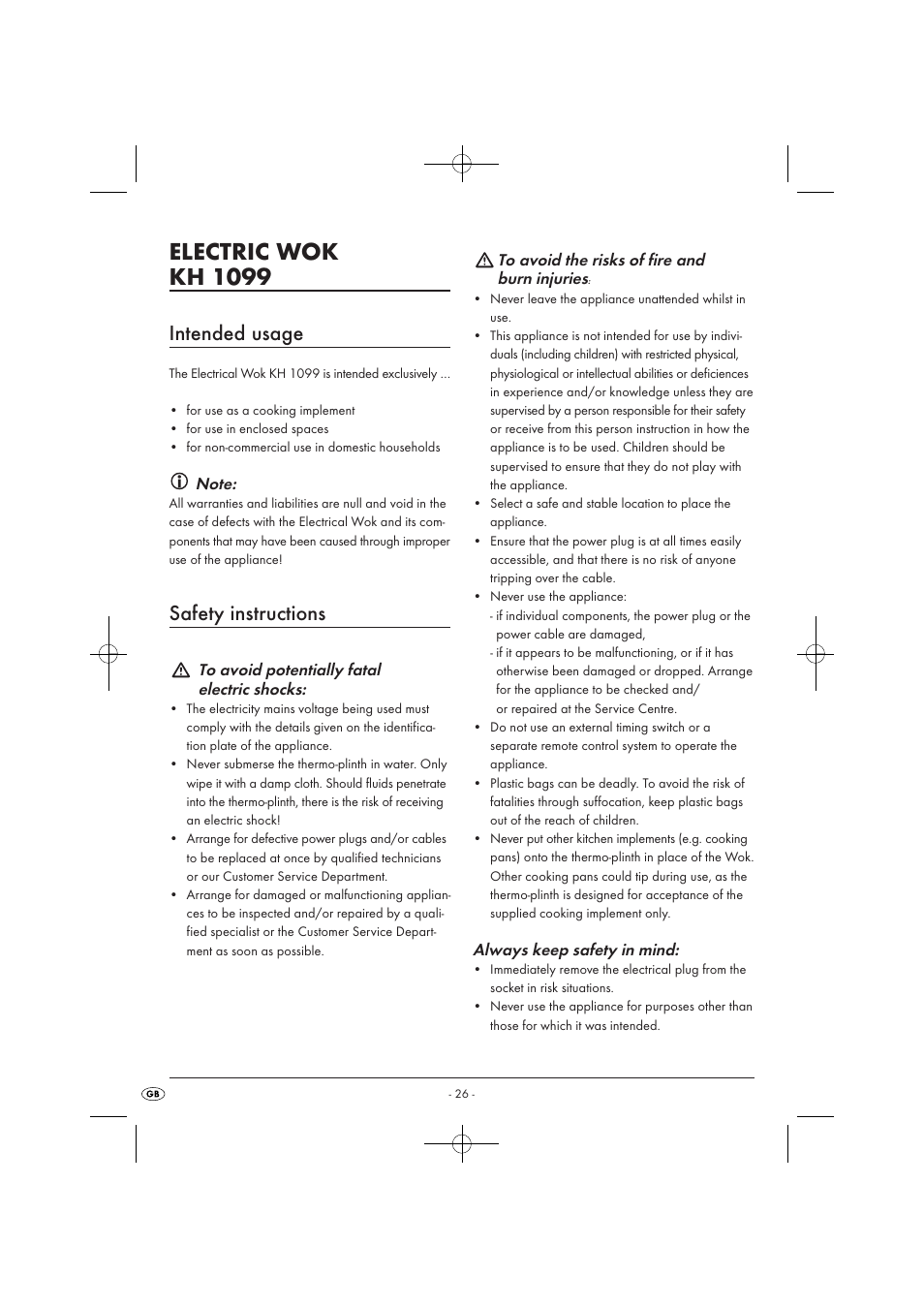 Electric wok kh 1099, Intended usage, Safety instructions | Kompernass KH1099-04/08-V2 User Manual | Page 28 / 50