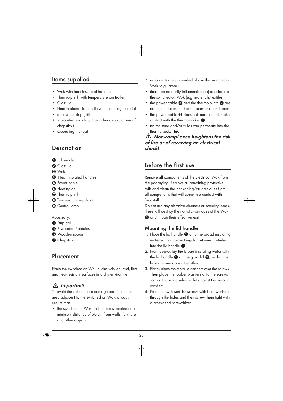 Items supplied, Description, Placement | Before the first use | Kompernass KH1099-04/08-V2 User Manual | Page 30 / 50