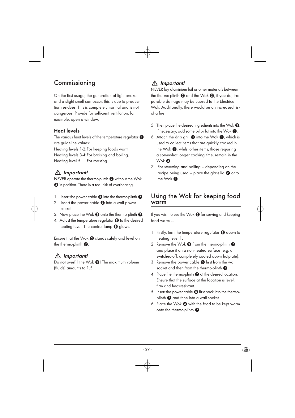 Commissioning, Using the wok for keeping food warm | Kompernass KH1099-04/08-V2 User Manual | Page 31 / 50