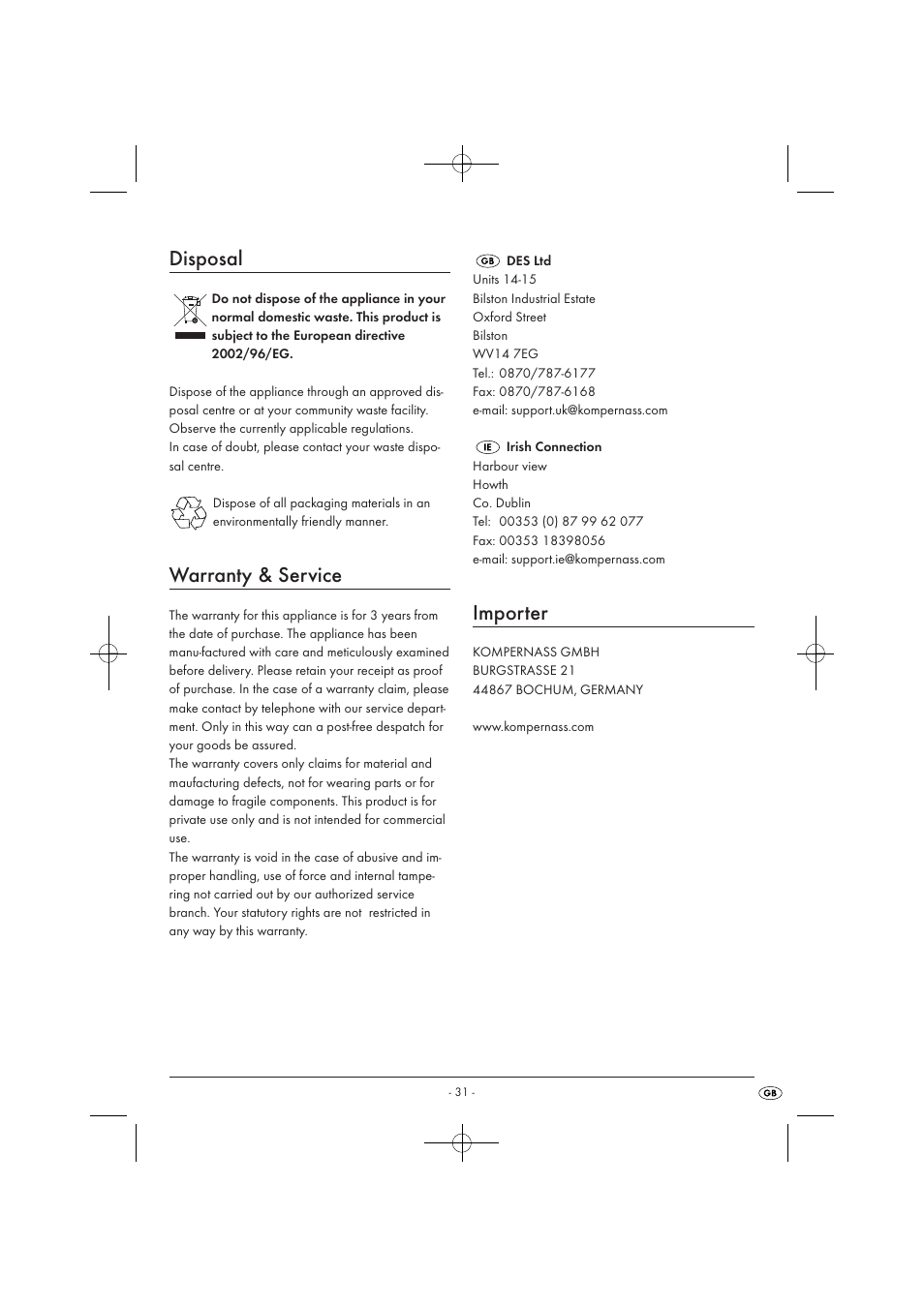 Disposal, Warranty & service, Importer | Kompernass KH1099-04/08-V2 User Manual | Page 33 / 50