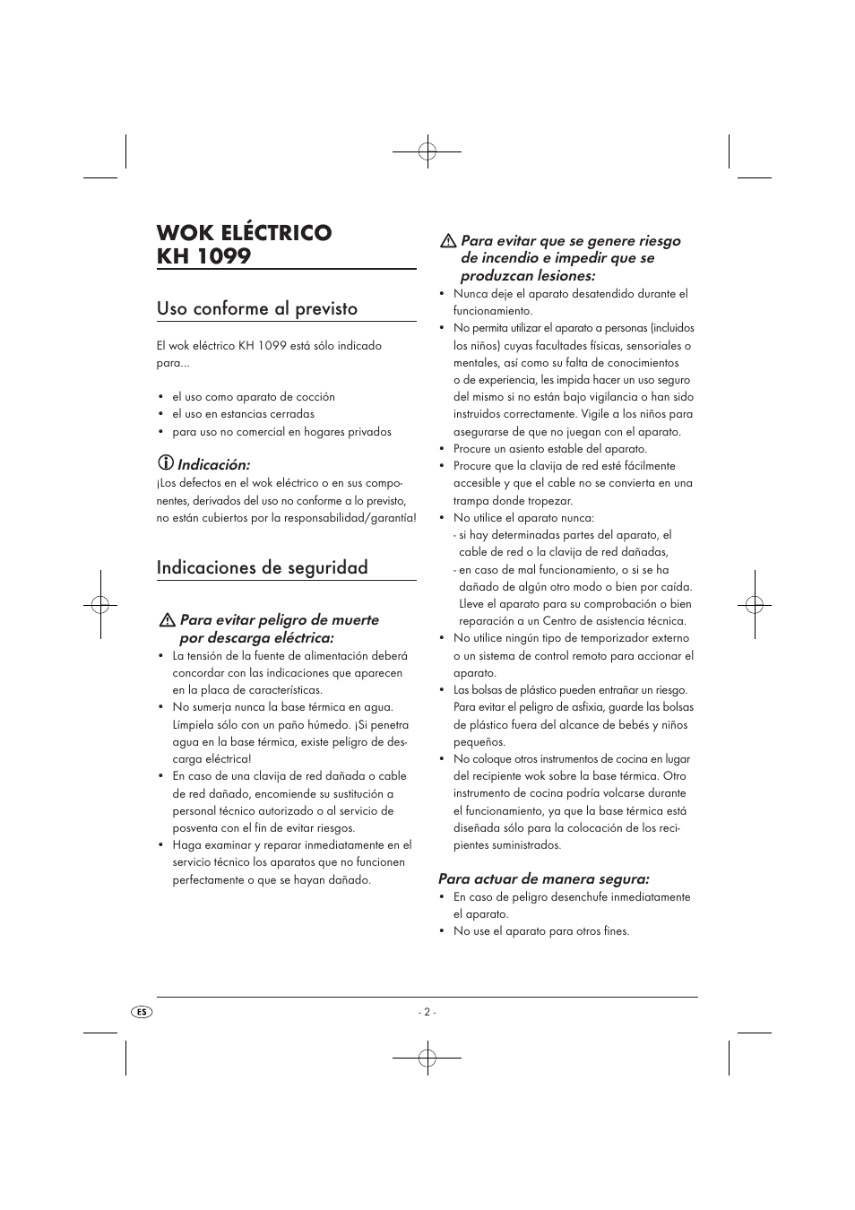 Wok eléctrico kh 1099, Uso conforme al previsto, Indicaciones de seguridad | Kompernass KH1099-04/08-V2 User Manual | Page 4 / 50