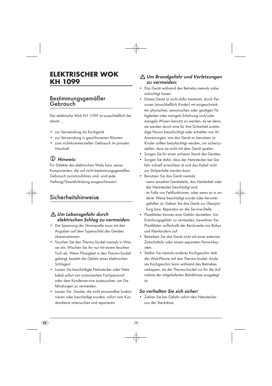 Elektrischer wok kh 1099, Bestimmungsgemäßer gebrauch, Sicherheitshinweise | Kompernass KH1099-04/08-V2 User Manual | Page 40 / 50