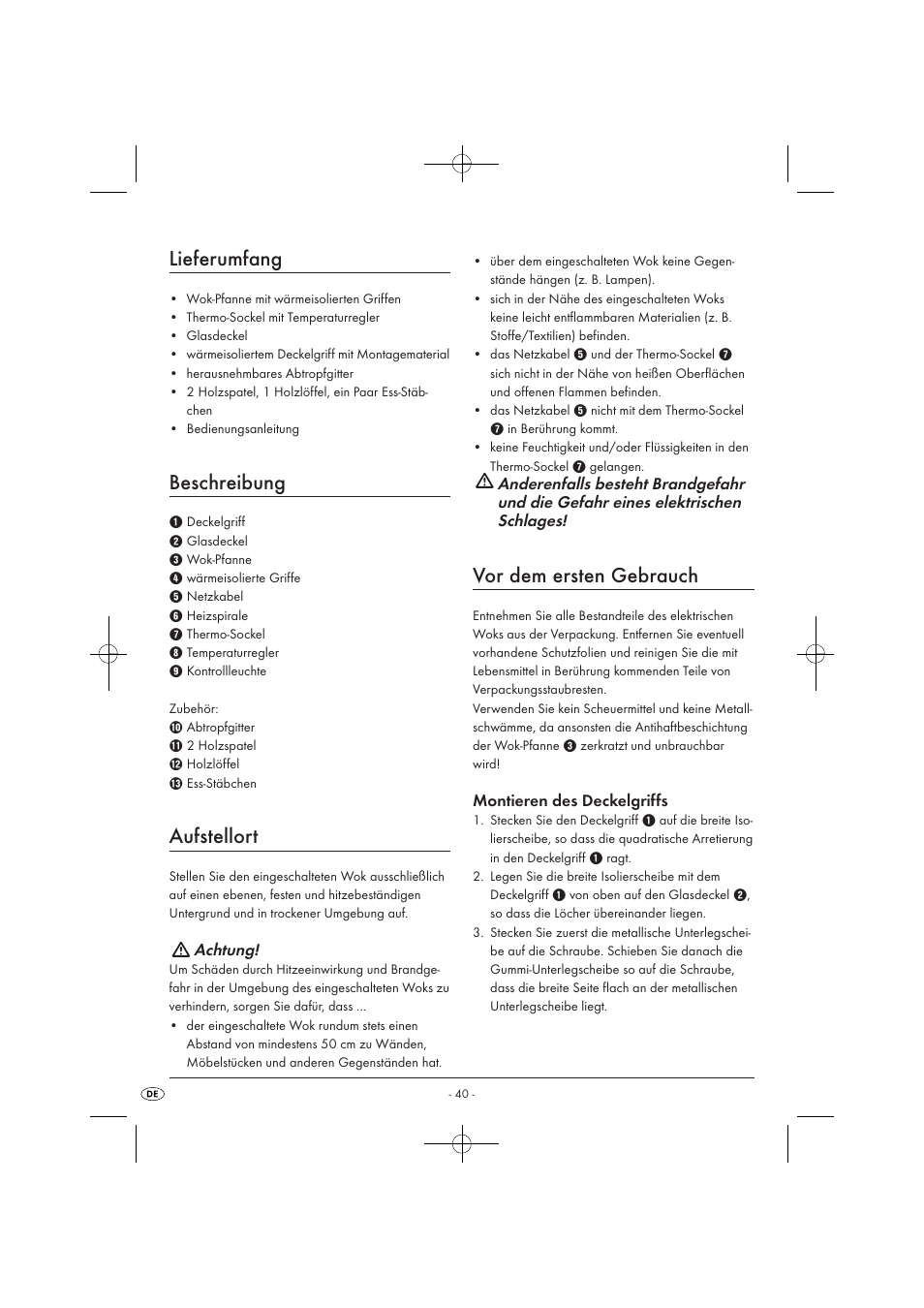 Lieferumfang, Beschreibung, Aufstellort | Vor dem ersten gebrauch | Kompernass KH1099-04/08-V2 User Manual | Page 42 / 50