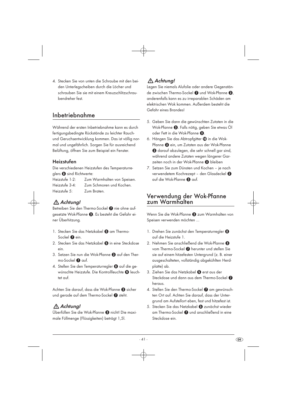 Inbetriebnahme, Verwendung der wok-pfanne zum warmhalten | Kompernass KH1099-04/08-V2 User Manual | Page 43 / 50