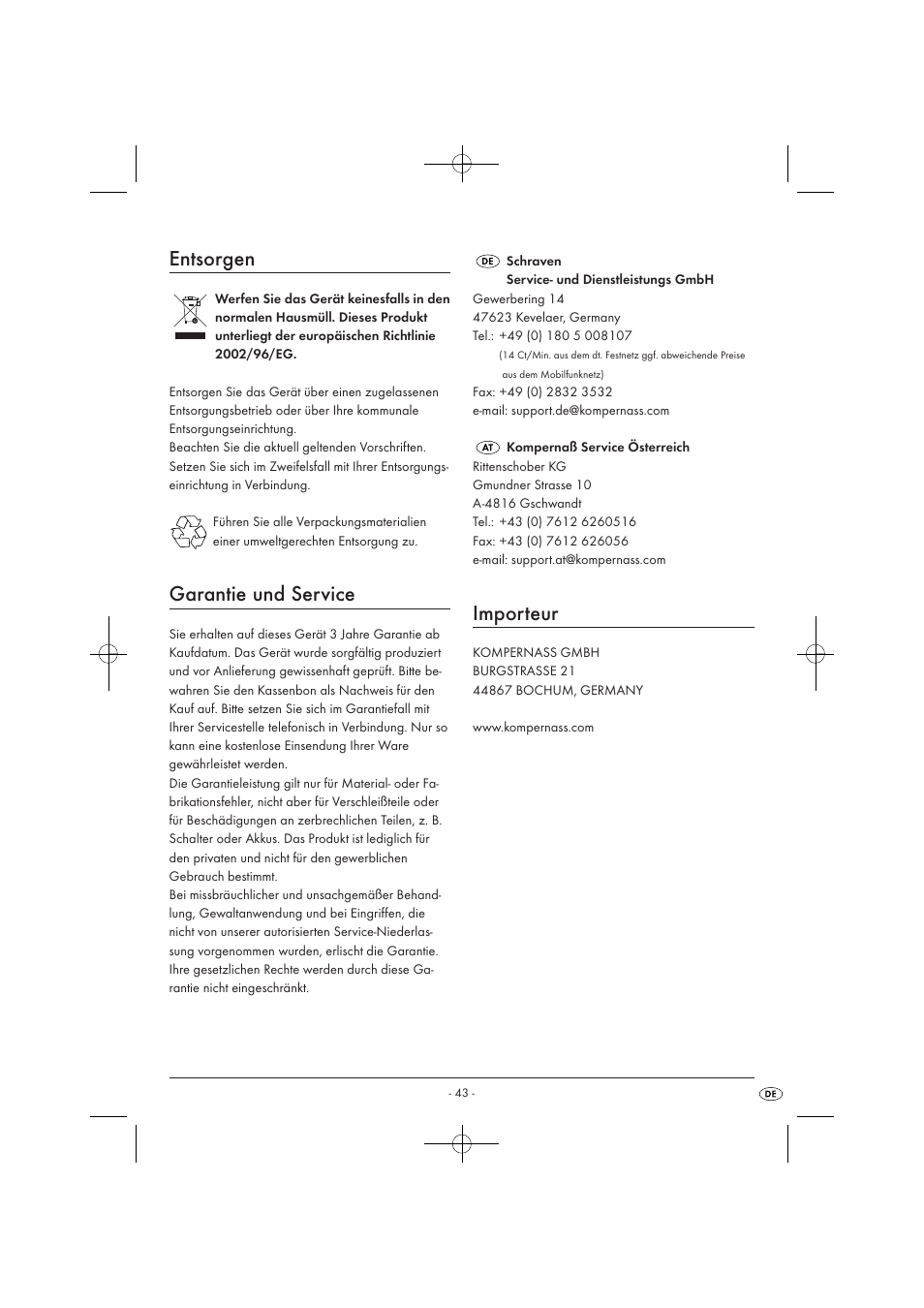 Entsorgen, Garantie und service, Importeur | Kompernass KH1099-04/08-V2 User Manual | Page 45 / 50