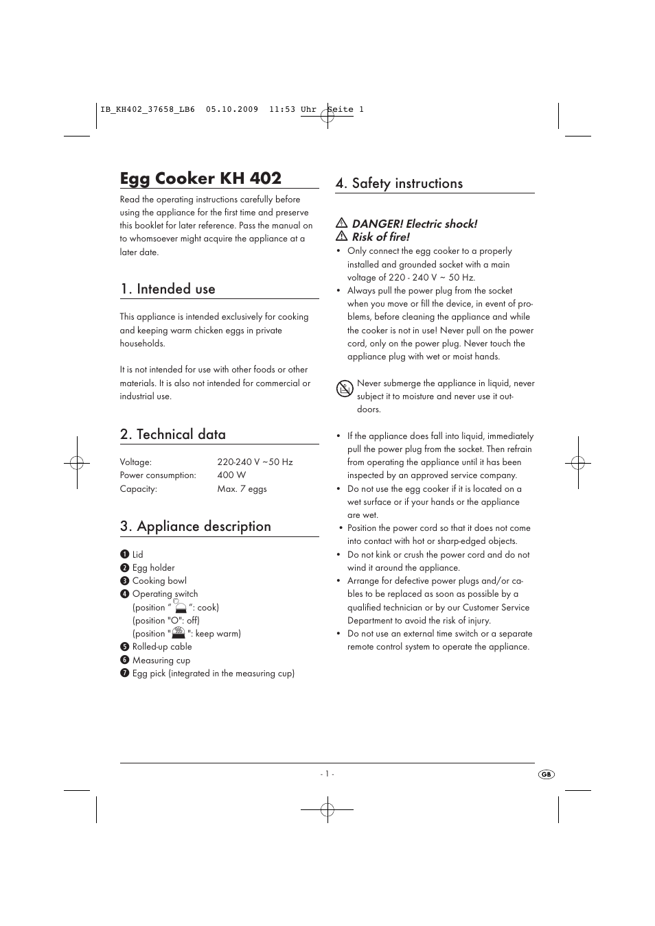 Egg cooker kh 402, Intended use, Technical data | Appliance description, Safety instructions | Kompernass KH402 User Manual | Page 3 / 6