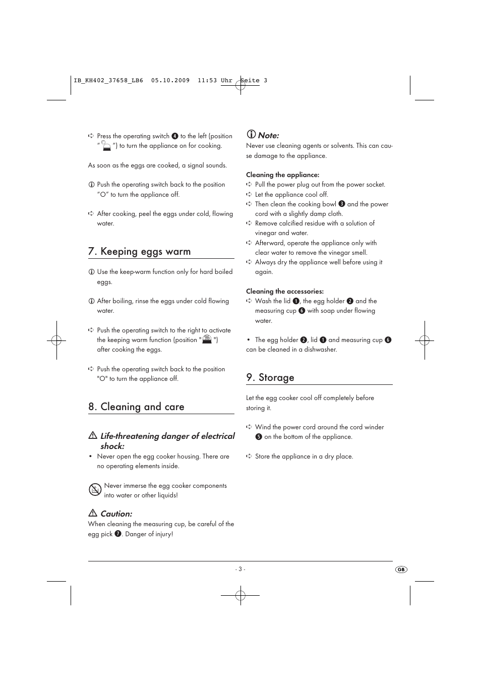 Keeping eggs warm, Cleaning and care, Storage | Kompernass KH402 User Manual | Page 5 / 6