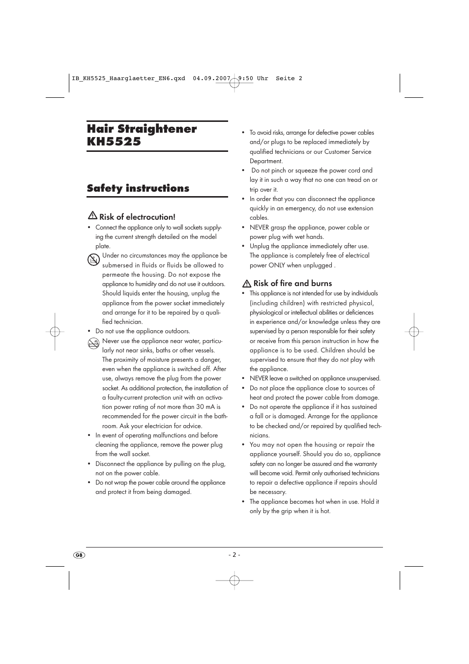 Hair straightener kh5525, Safety instructions | Kompernass KH 5525 User Manual | Page 4 / 10