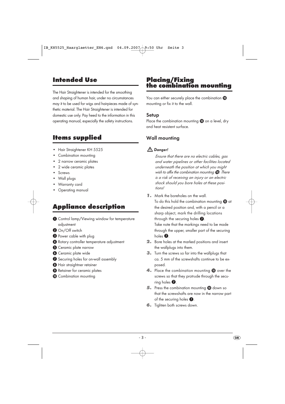 Intended use, Items supplied, Appliance description | Placing/fixing the combination mounting | Kompernass KH 5525 User Manual | Page 5 / 10