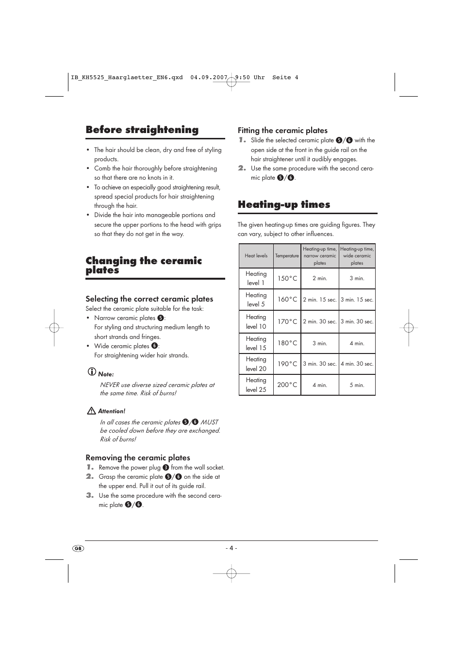 Before straightening, Changing the ceramic plates, Heating-up times | Kompernass KH 5525 User Manual | Page 6 / 10