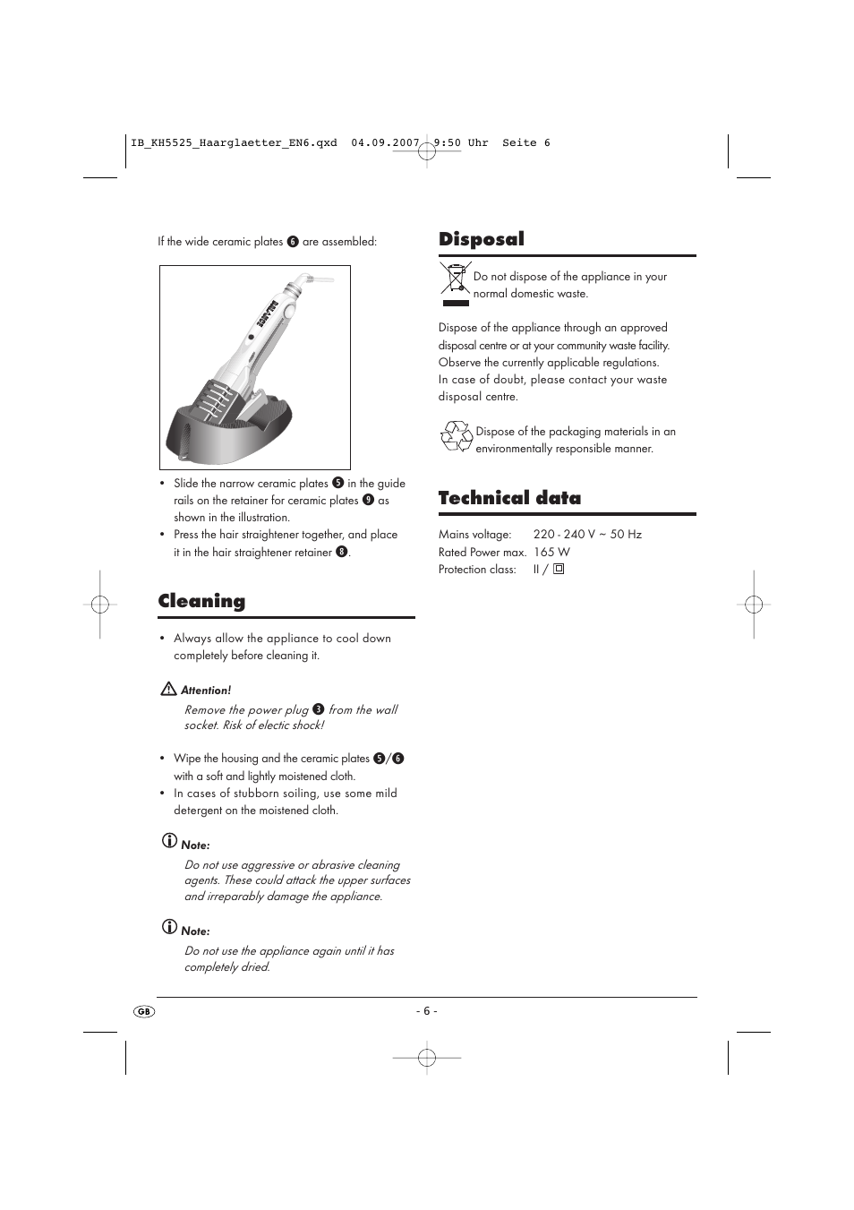 Cleaning, Disposal, Technical data | Kompernass KH 5525 User Manual | Page 8 / 10