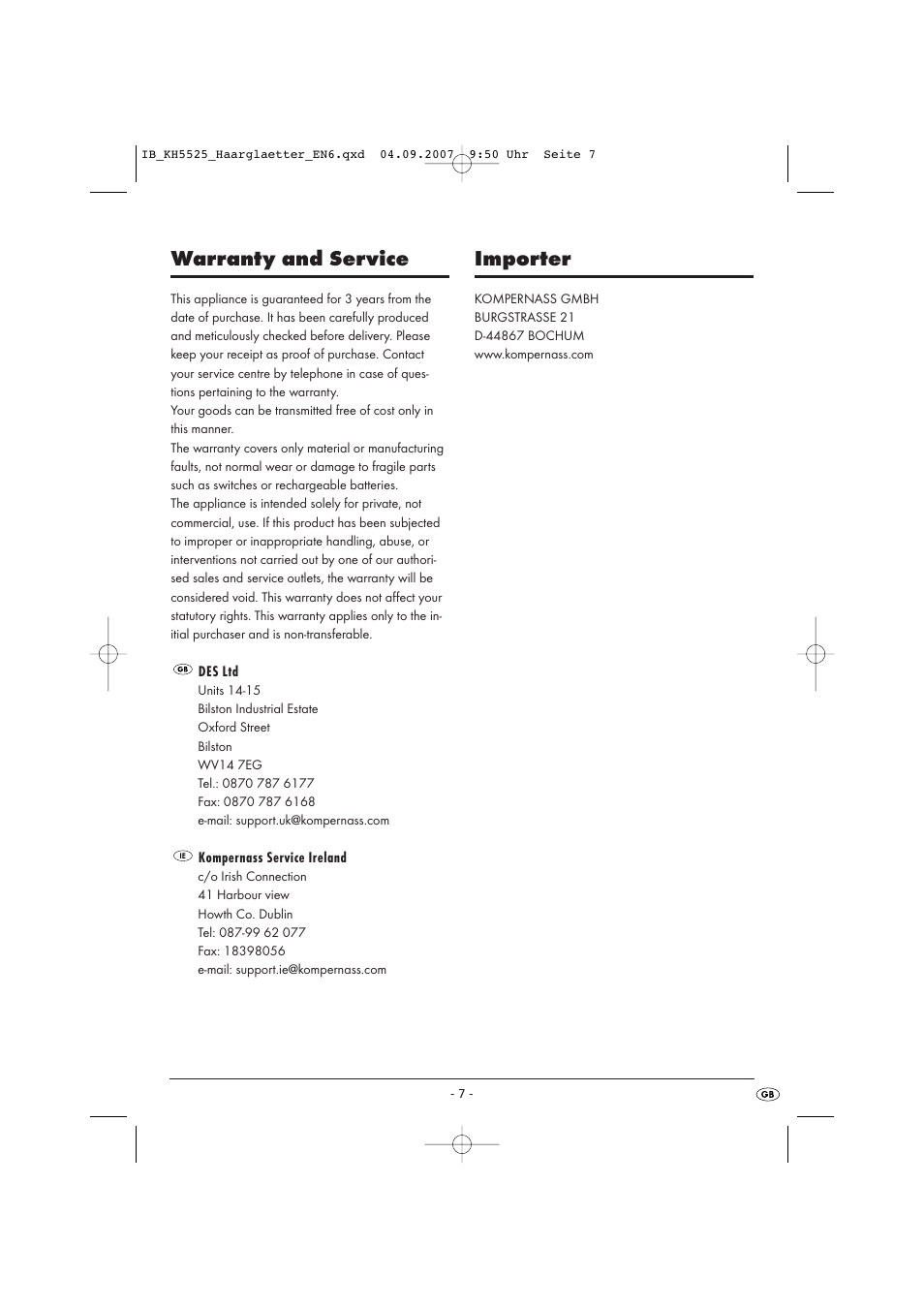 Warranty and service, Importer | Kompernass KH 5525 User Manual | Page 9 / 10