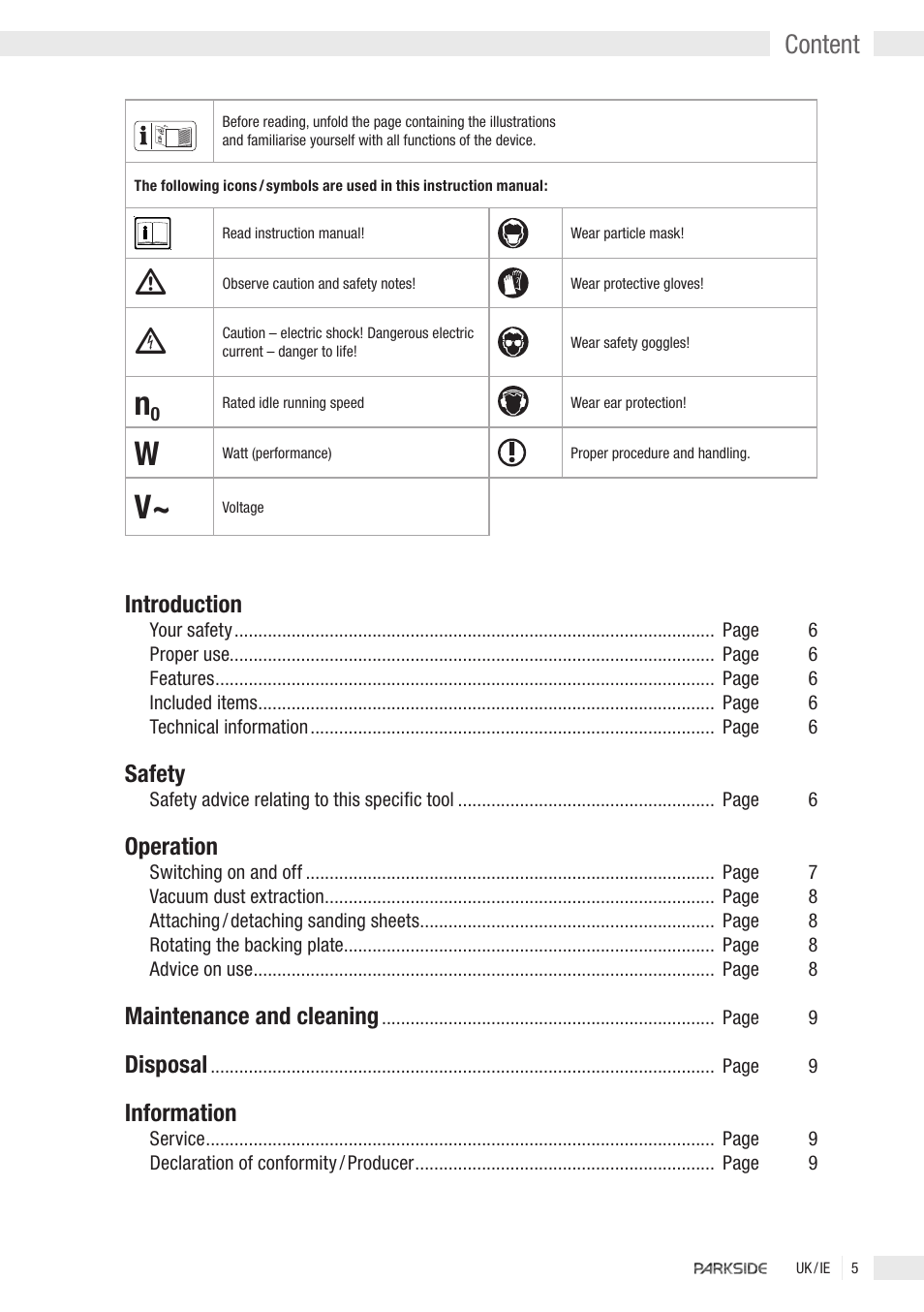 Content, Introduction, Safety | Operation, Maintenance and cleaning, Disposal, Information | Kompernass Parkside XQ2 User Manual | Page 3 / 10