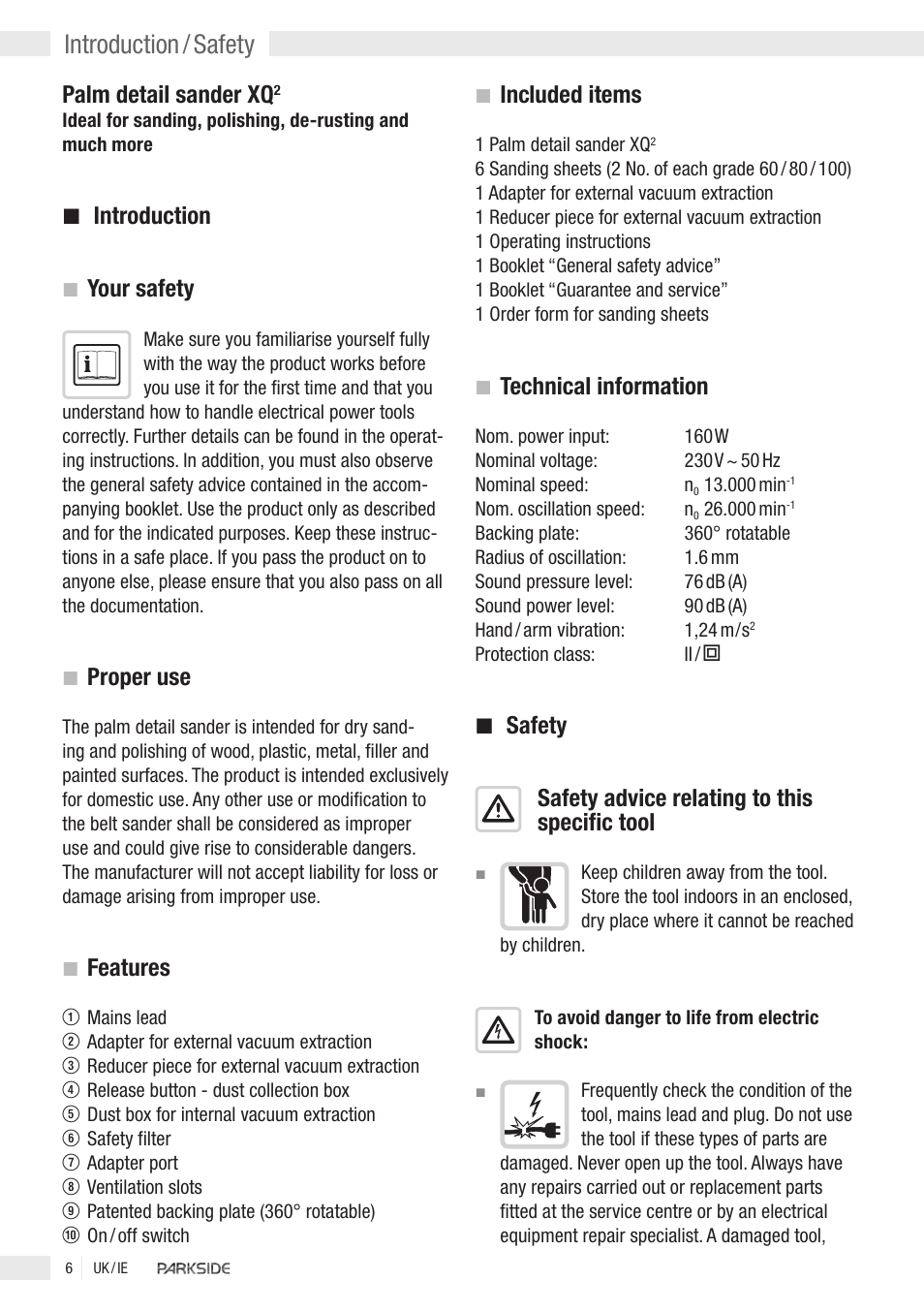 Introduction / safety, Palm detail sander xq, Introduction | Your safety, Proper use, Features, Included items, Technical information | Kompernass Parkside XQ2 User Manual | Page 4 / 10