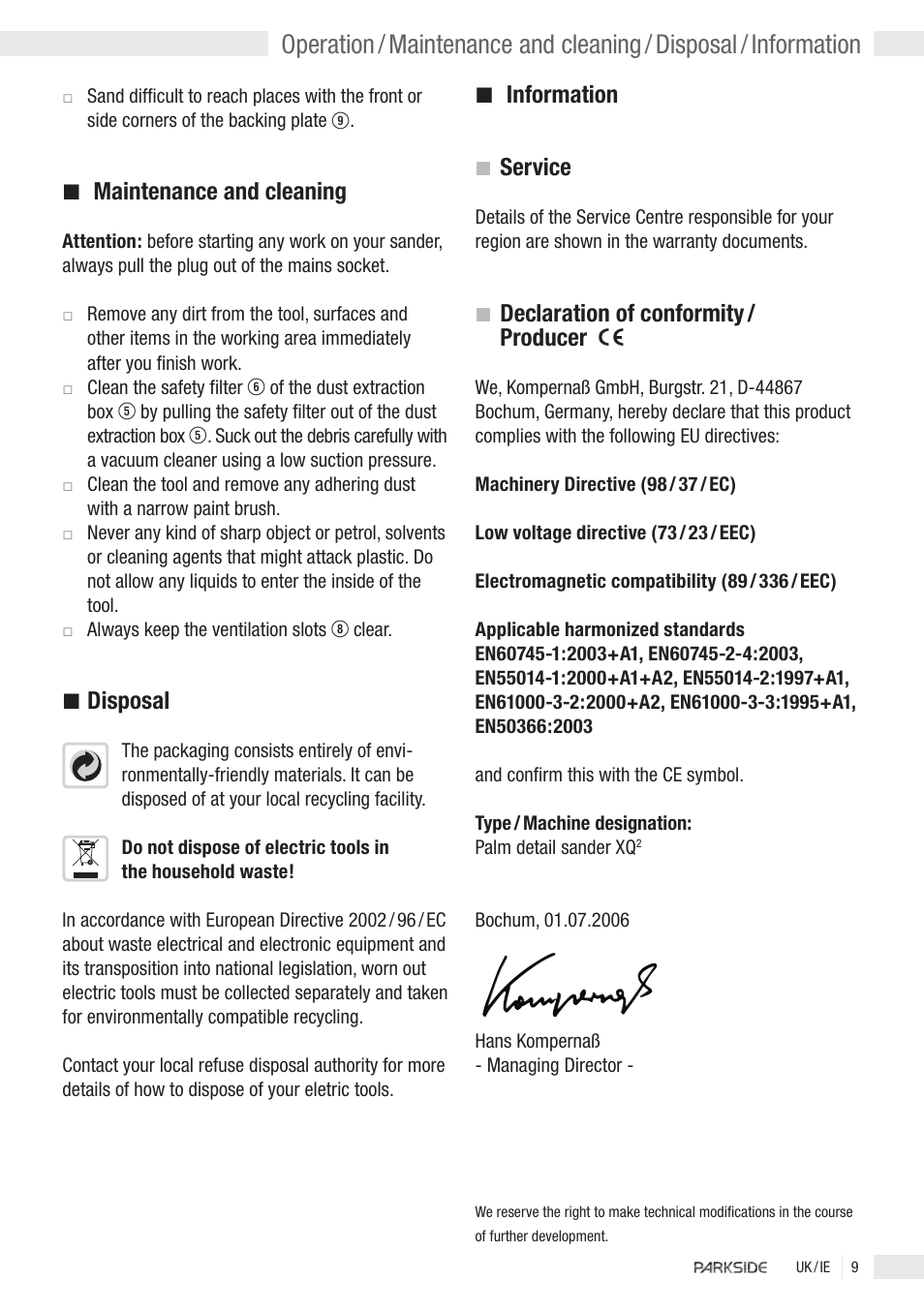 Maintenance and cleaning, Disposal, Information | Service, Declaration of conformity / producer | Kompernass Parkside XQ2 User Manual | Page 7 / 10