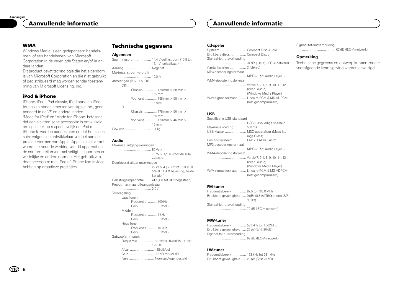 Technische gegevens, Aanvullende informatie, Ipod & iphone | Pioneer DEH-2400UB  EU User Manual | Page 110 / 132